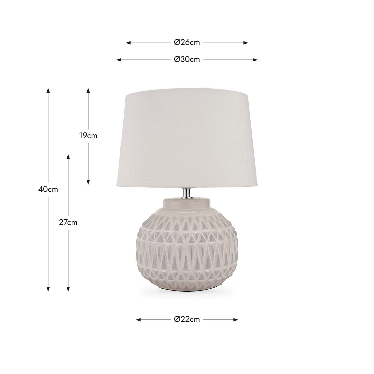 Anneli table lamp, 40cm, with textured Aztec-pattern white ceramic base and tapered white fabric shade, shown with dimension annotations on a white background.