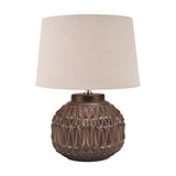 Anneli Bronze Aztec Texture Ceramic Table Lamp, 40cm, with a geometric faceted round base and a cream linen tapered shade, shown on a plain white background.