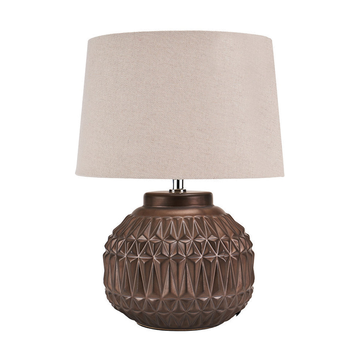 Anneli table lamp with a round bronze ceramic base featuring geometric Aztec texture, paired with a tapered linen shade, shown on a plain white background.
