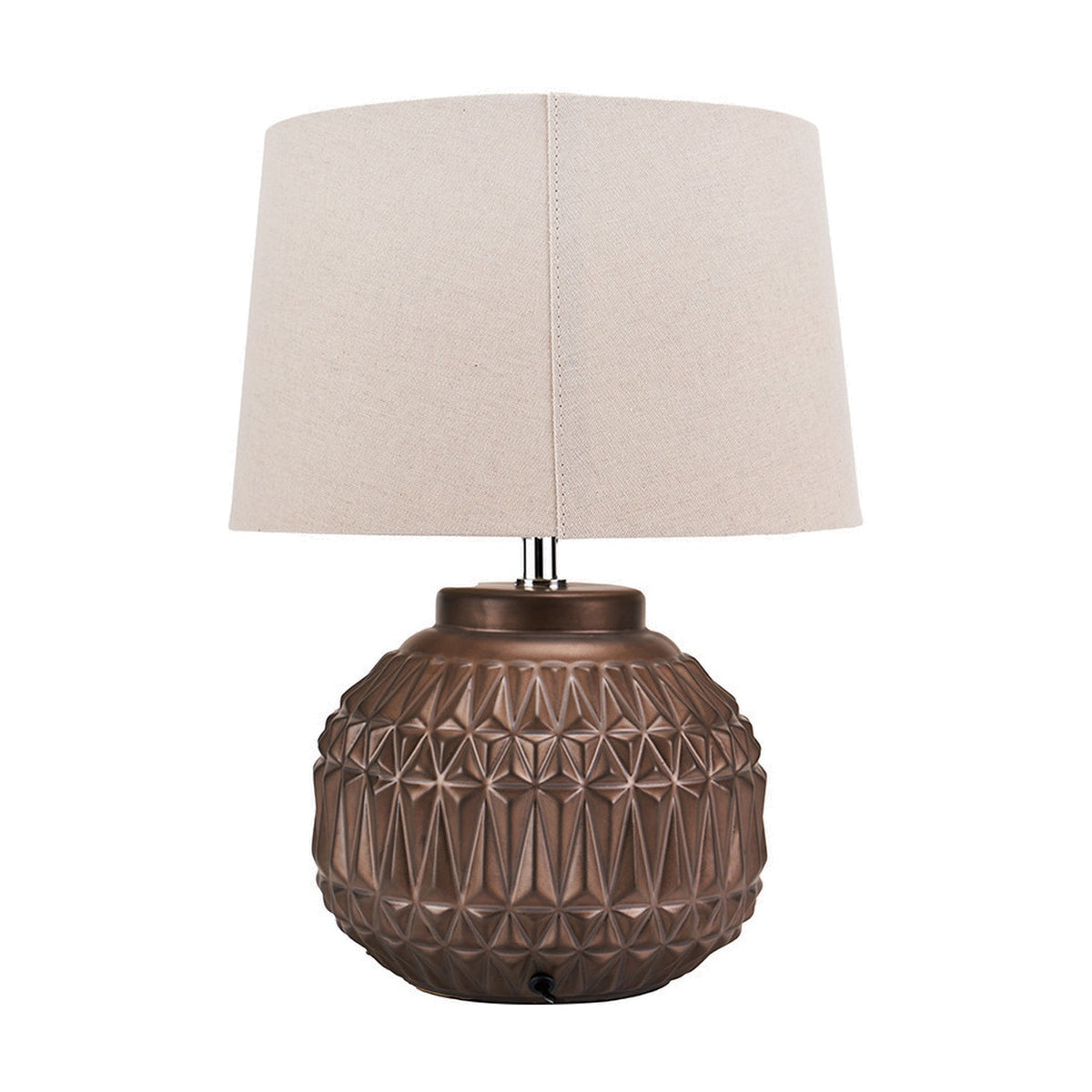 Anneli Bronze Aztec Texture Ceramic Table Lamp, 40cm, with a round textured bronze ceramic base and a cream linen tapered shade on a white background.