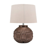 Anneli Bronze Aztec Texture Ceramic Table Lamp, 40cm, with a round textured bronze ceramic base and a cream linen tapered shade on a white background.