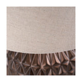 Close-up of the Anneli Bronze Aztec Texture Ceramic Table Lamp, 40cm, showing the linen shade edge above the moulded geometric bronze ceramic base.