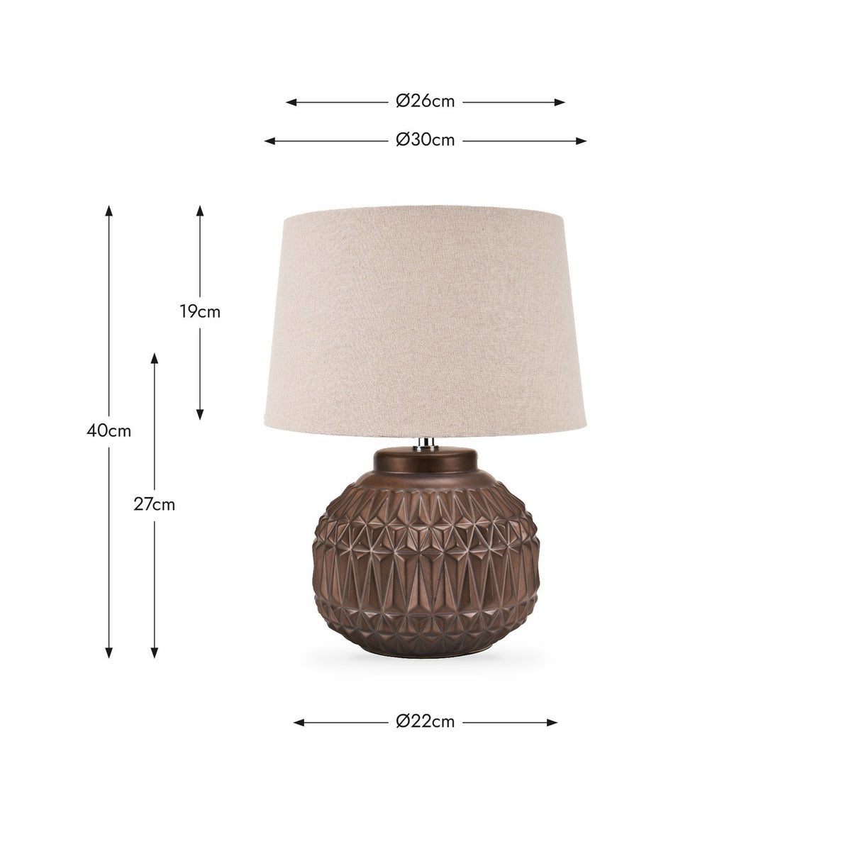 Anneli Bronze Aztec Texture Ceramic Table Lamp with linen drum shade, shown with dimension guides: 40cm total height, 27cm base height, 22cm base width, 30cm shade width.