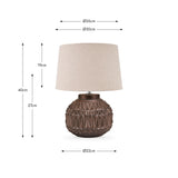 Anneli Bronze Aztec Texture Ceramic Table Lamp with linen drum shade, shown with dimension guides: 40cm total height, 27cm base height, 22cm base width, 30cm shade width.