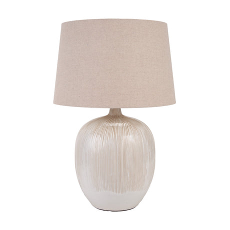 Greta Natural & Cream Textured Ceramic Table Lamp, 50cm, with a ridged bulbous ceramic base and a tapered beige linen shade, shown on a plain white background.