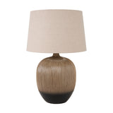 Greta Brown & Black Textured Ceramic Table Lamp, 50cm, with a ridged ceramic base fading from brown to black and a neutral linen drum shade, shown on a plain white background.