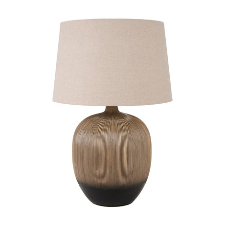 Greta Brown & Black Textured Ceramic Table Lamp, 50cm, with a ridged ceramic base fading from brown to black and a neutral linen drum shade, shown on a plain white background.