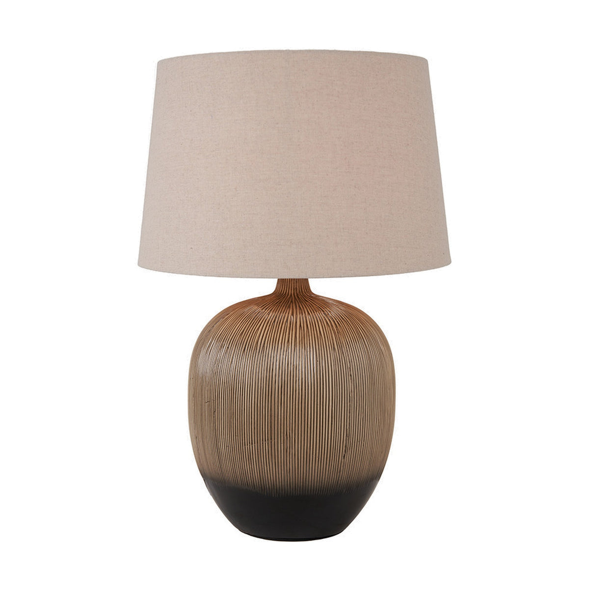 Greta Brown & Black Textured Ceramic Table Lamp, 50cm, with ridged ceramic base transitioning to black at the foot and a neutral linen drum shade, shown on a white background.