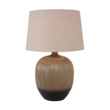 Greta Brown & Black Textured Ceramic Table Lamp, 50cm, with ridged ceramic base transitioning to black at the foot and a neutral linen drum shade, shown on a white background.