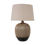 Greta Brown & Black Textured Ceramic Table Lamp, 50cm, with ridged brown ceramic base fading to black and a tapered linen shade, on a plain white background.