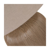 Close-up of the Greta Brown & Black Textured Ceramic Table Lamp base, showing ridged brown ceramic detail beneath a neutral linen shade.