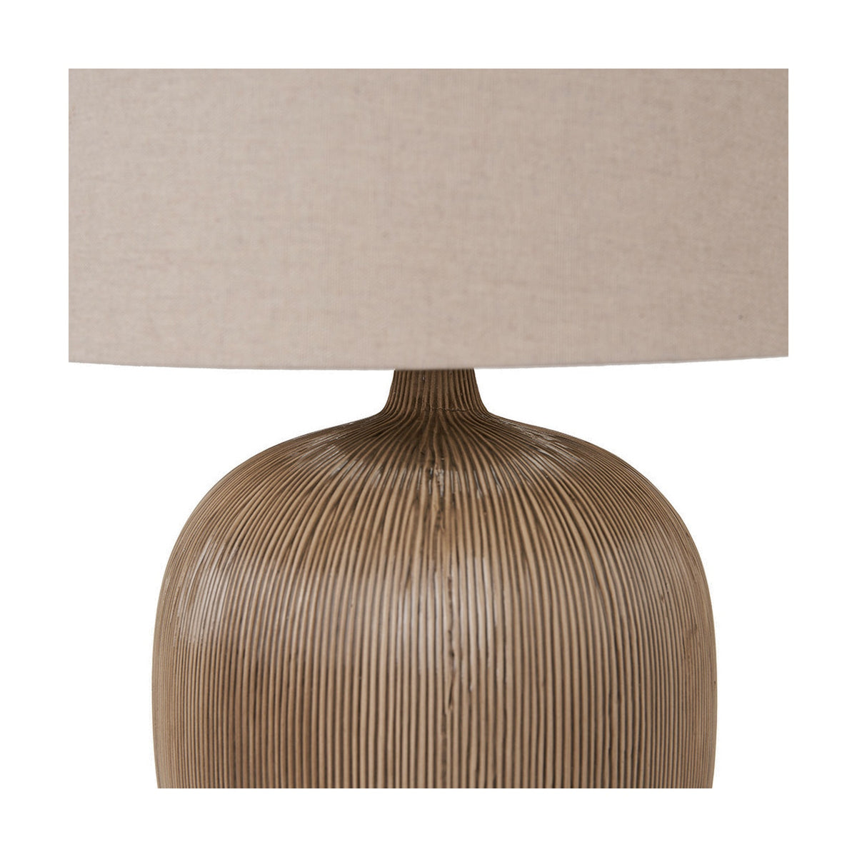 Greta Brown & Black Textured Ceramic Table Lamp, 50cm, close-up of ridged ceramic base and linen drum shade on a plain white background.