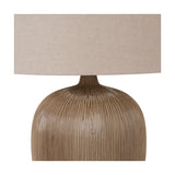 Greta Brown & Black Textured Ceramic Table Lamp, 50cm, close-up of ridged ceramic base and linen drum shade on a plain white background.