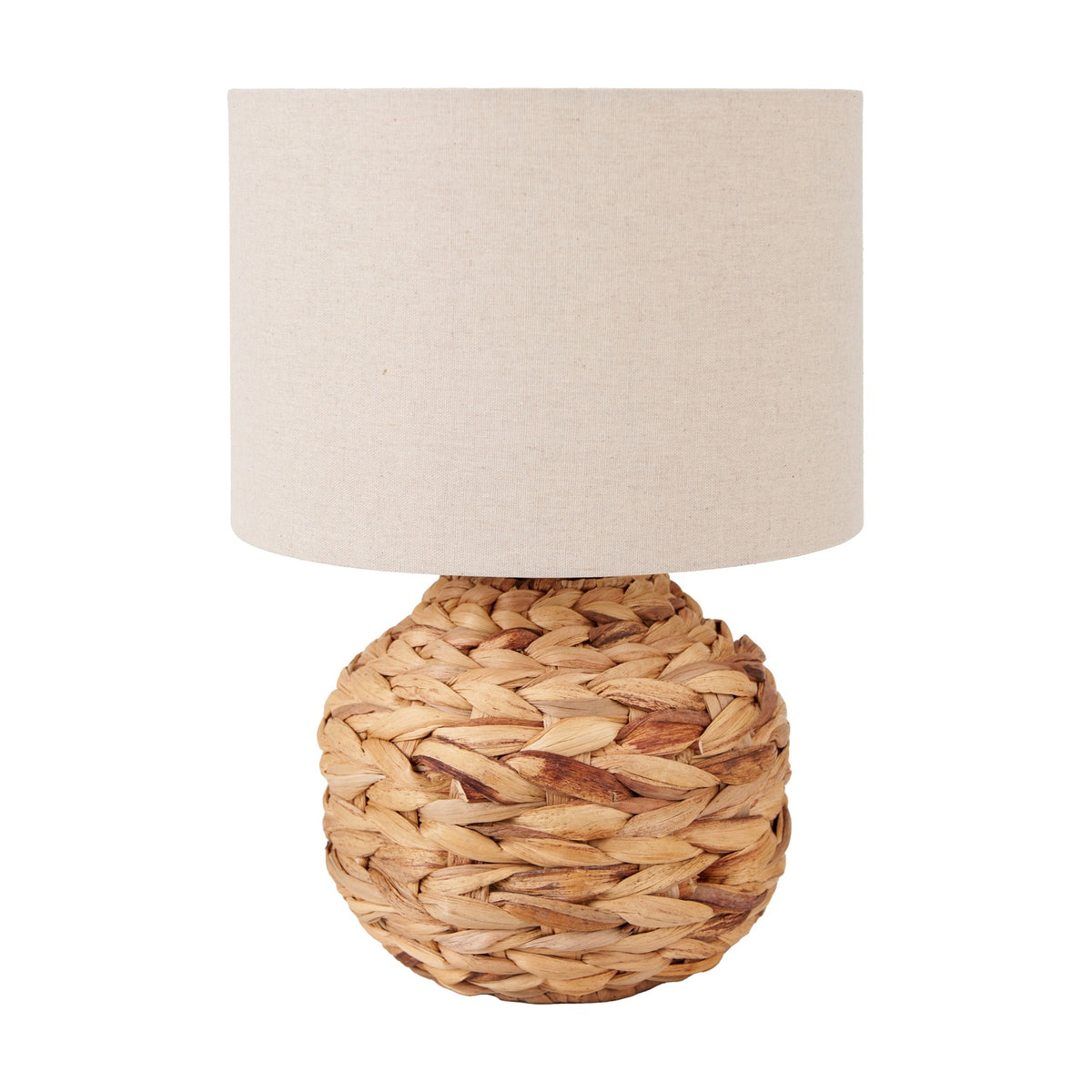 Zadi Natural Plaited Water Hyacinth Table Lamp, 41cm, with a round woven wicker base and a cylindrical linen drum shade, shown on a plain white background.