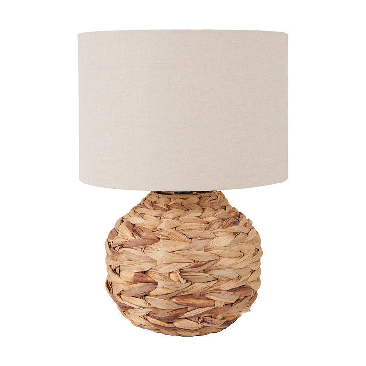 Zadi Natural Plaited Water Hyacinth Table Lamp, 41cm, with a round woven wicker base and cylindrical linen drum shade, shown on a plain white background.