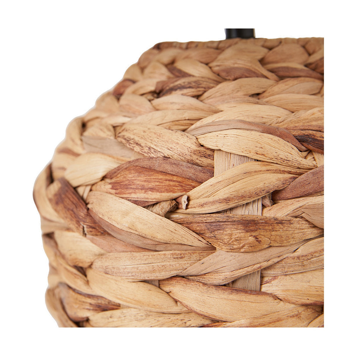 Close-up of the Zadi Natural Plaited Water Hyacinth Table Lamp base, showing the tightly braided natural fibre texture and rounded shape against a plain white background.