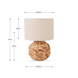 Zadi Natural Plaited Water Hyacinth Table Lamp, 41cm, with a round woven wicker base and cylindrical fabric shade, shown with dimensions on a white background.