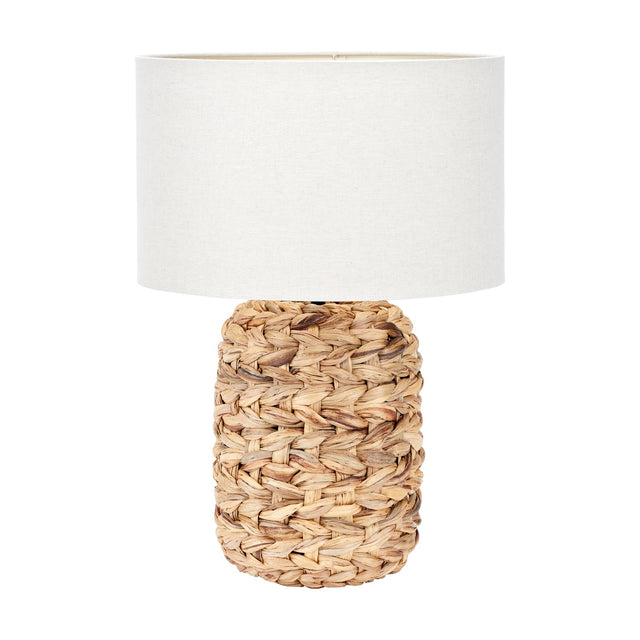 Zadi Natural Plaited Tall Water Hyacinth Table Lamp, 50cm, with a woven jute-toned base and a plain white drum shade, shown on a white background.