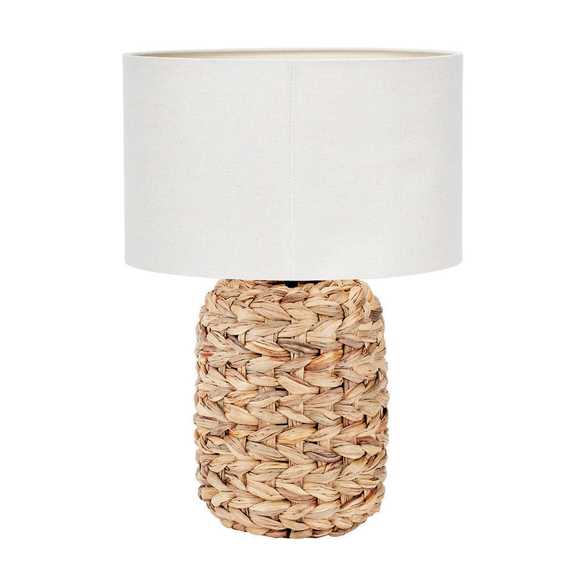 Zadi Natural Plaited Tall Water Hyacinth Table Lamp, 50cm, with braided natural wicker base and white drum shade, shown on a plain white background.