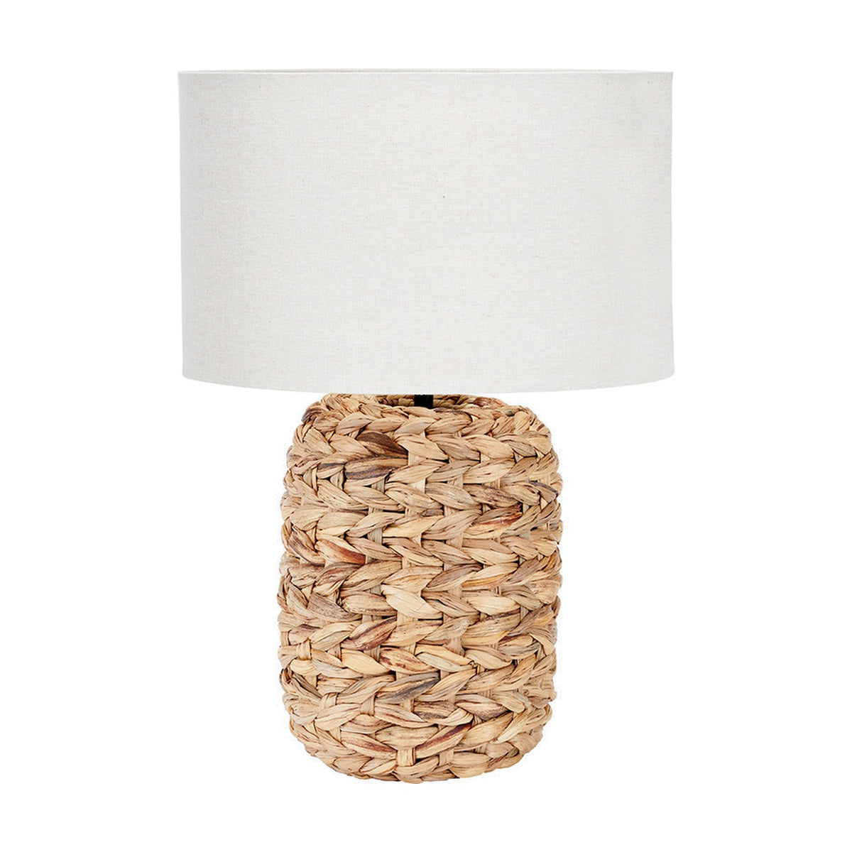Zadi Table Lamp, 50cm, with a plaited natural water hyacinth base and a drum-shaped white fabric shade, shown on a plain white background.