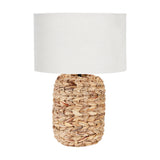 Zadi Table Lamp, 50cm, with a plaited natural water hyacinth base and a drum-shaped white fabric shade, shown on a plain white background.