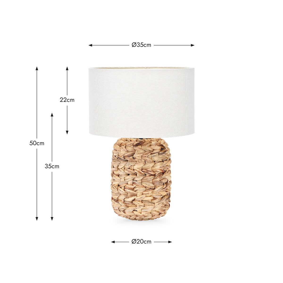 Zadi Natural Plaited Tall Water Hyacinth Table Lamp, 50cm, with woven wicker base and round white fabric drum shade, shown with dimensions on a white background.