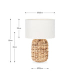 Zadi Natural Plaited Tall Water Hyacinth Table Lamp, 50cm, with woven wicker base and round white fabric drum shade, shown with dimensions on a white background.