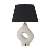 Ulla Monochrome Cream Organic Ceramic Table Lamp, 51cm, with sculptural cutout base and black tapered fabric shade, shown on a plain white background.