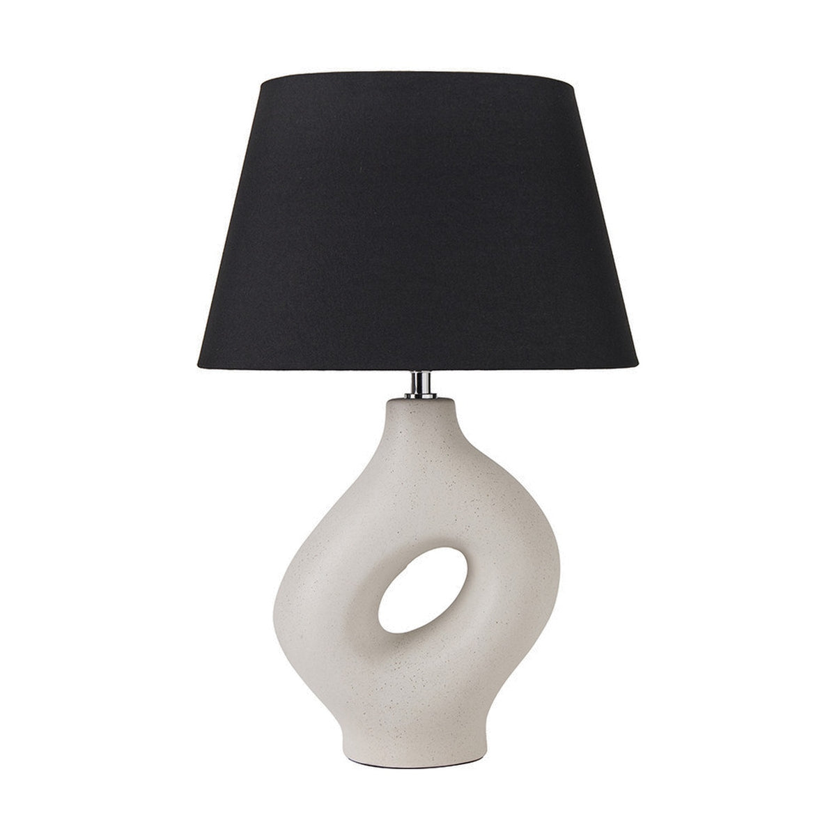 Ulla Monochrome Cream Organic Ceramic Table Lamp, 51cm, with sculptural cutout base and black tapered fabric shade, shown on a plain white background.