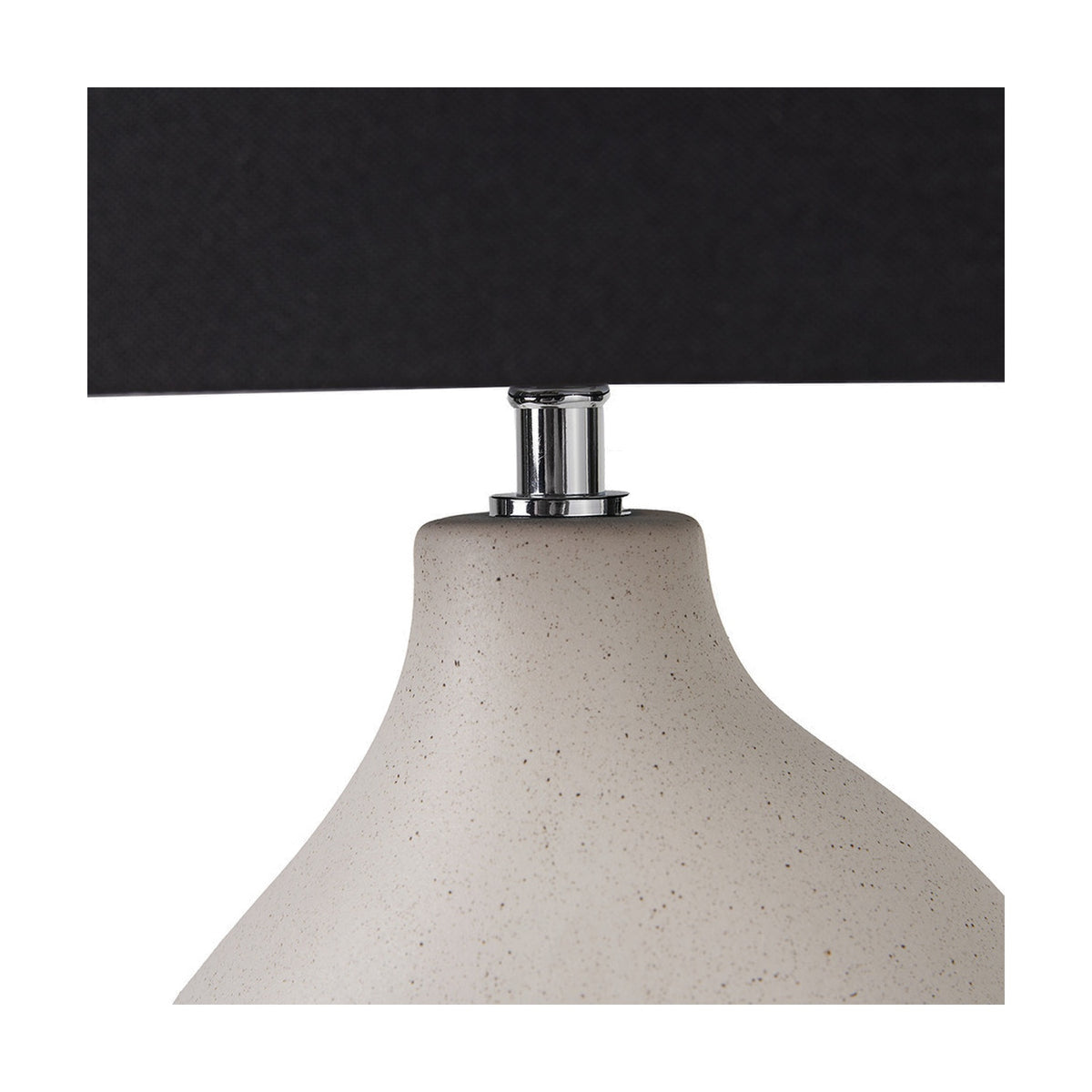 Ulla Monochrome Cream Organic Ceramic Table Lamp with a curved speckled cream base, chrome collar and black rectangular shade, shown in close-up on a plain white background.