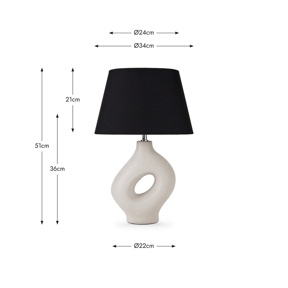 Ulla Monochrome Cream Organic Ceramic Table Lamp, 51cm, with a sculptural cutout cream base and black tapered shade, shown with dimensions on a white background.