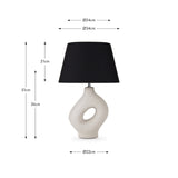 Ulla Monochrome Cream Organic Ceramic Table Lamp, 51cm, with a sculptural cutout cream base and black tapered shade, shown with dimensions on a white background.