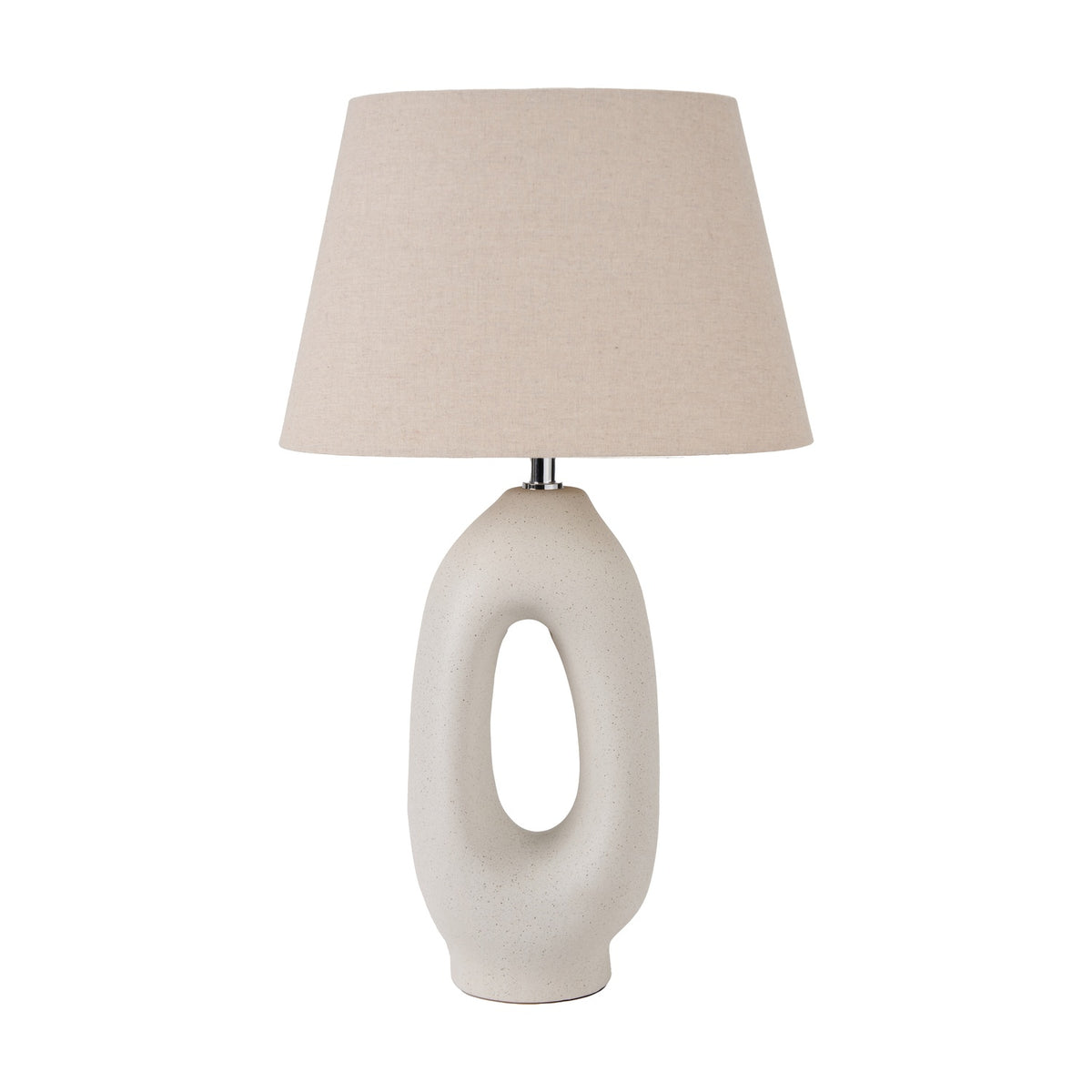 Laila Natural Beige Organic Tall Ceramic Table Lamp, 56cm, with a speckled cream ceramic base featuring an open oval cut-out, topped with a tapered linen shade, on a plain white background.