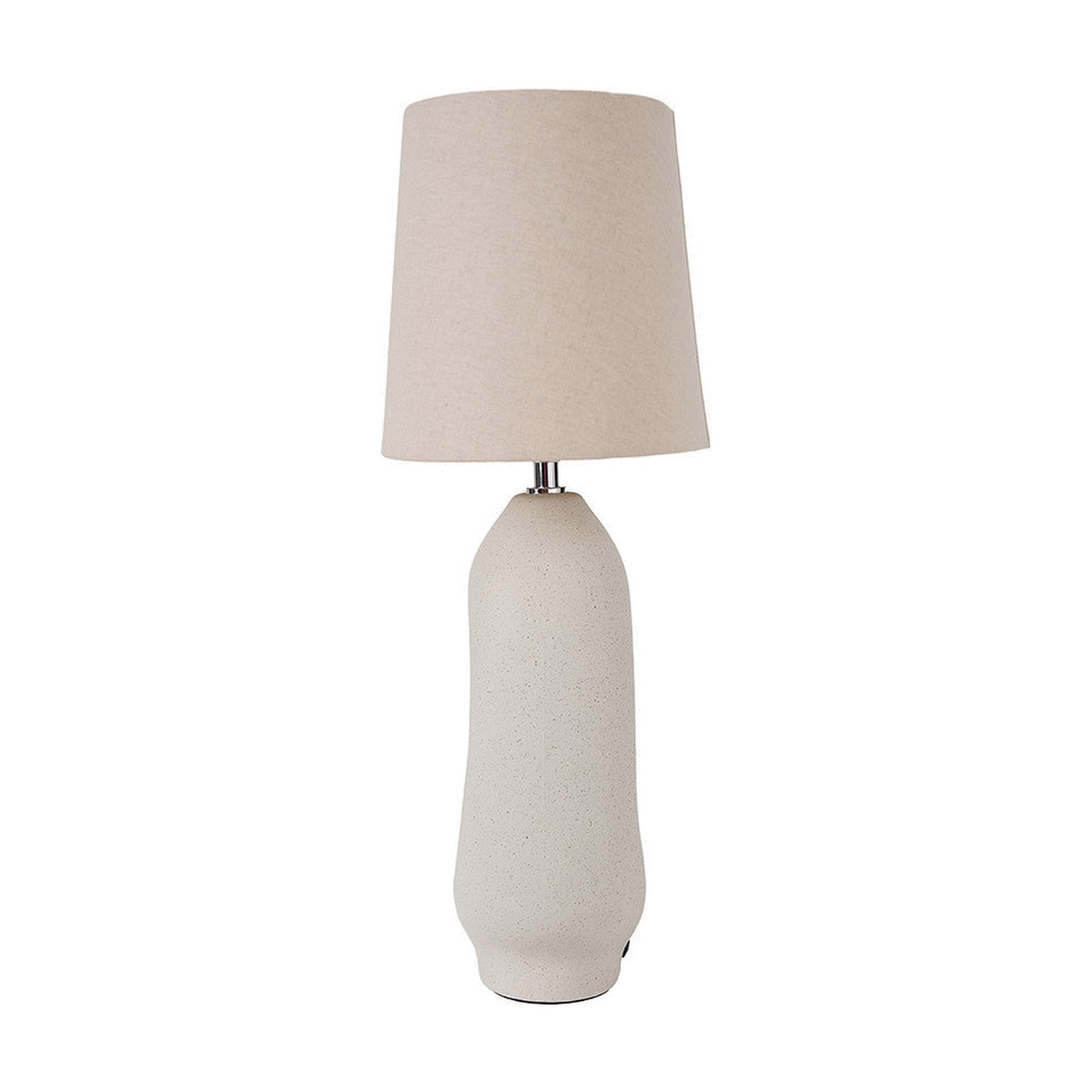 Laila Natural Beige Organic Tall Ceramic Table Lamp, 56cm, with a speckled beige ceramic base and tapered linen shade, shown on a plain white background.