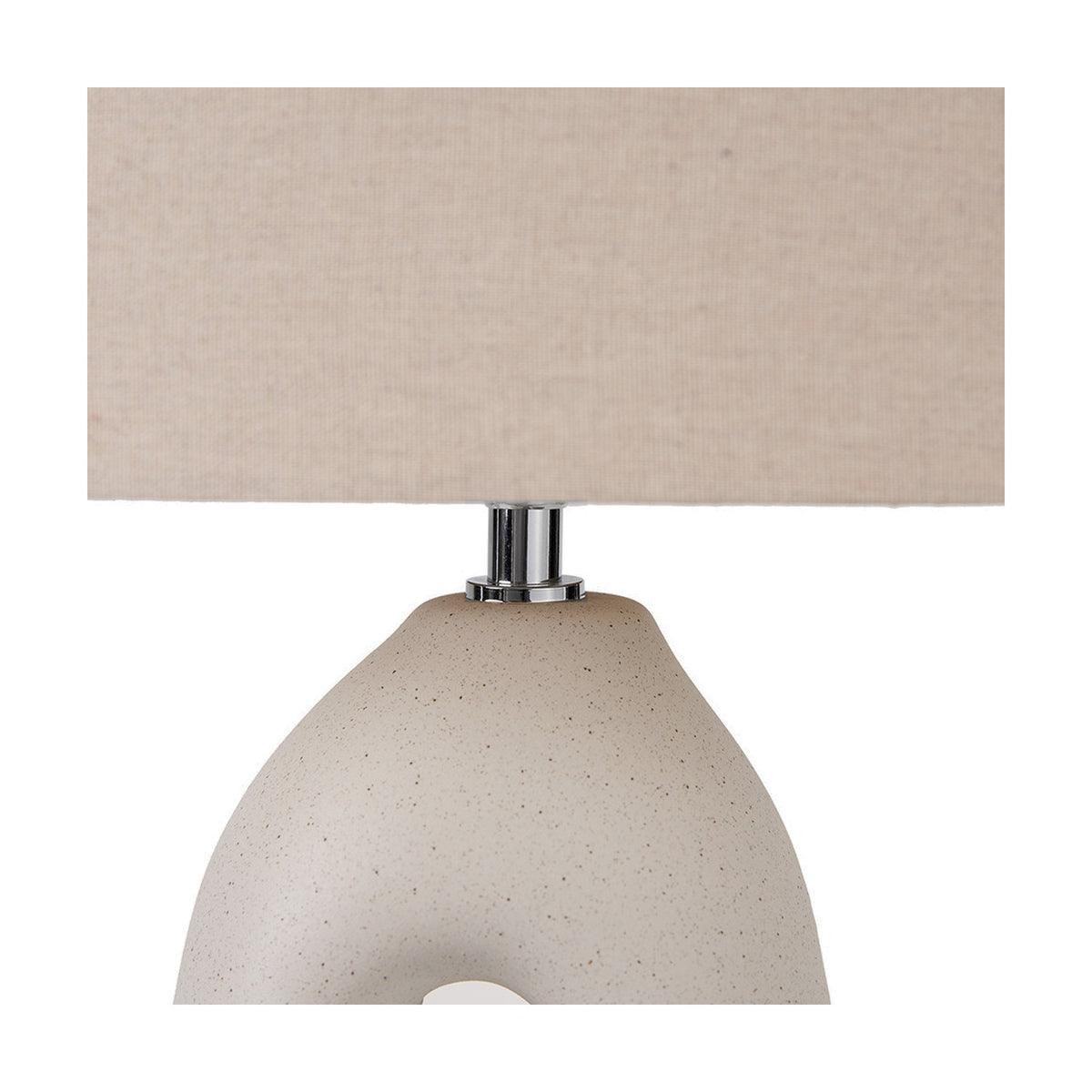 Close-up of the Laila Natural Beige Organic Tall Ceramic Table Lamp showing its speckled beige ceramic base, chrome neck fitting, and rectangular linen shade on a plain white background.