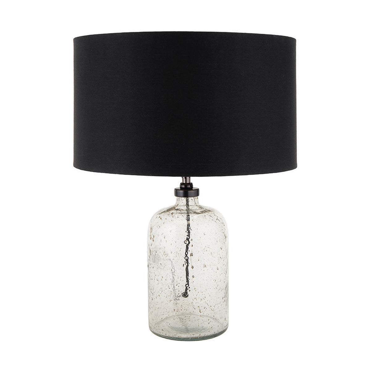 Ophelia Small Grey Bubble Glass Table Lamp Base, 32cm, with textured bubbled glass body and black fitting, paired with a black drum shade, on a plain white background.