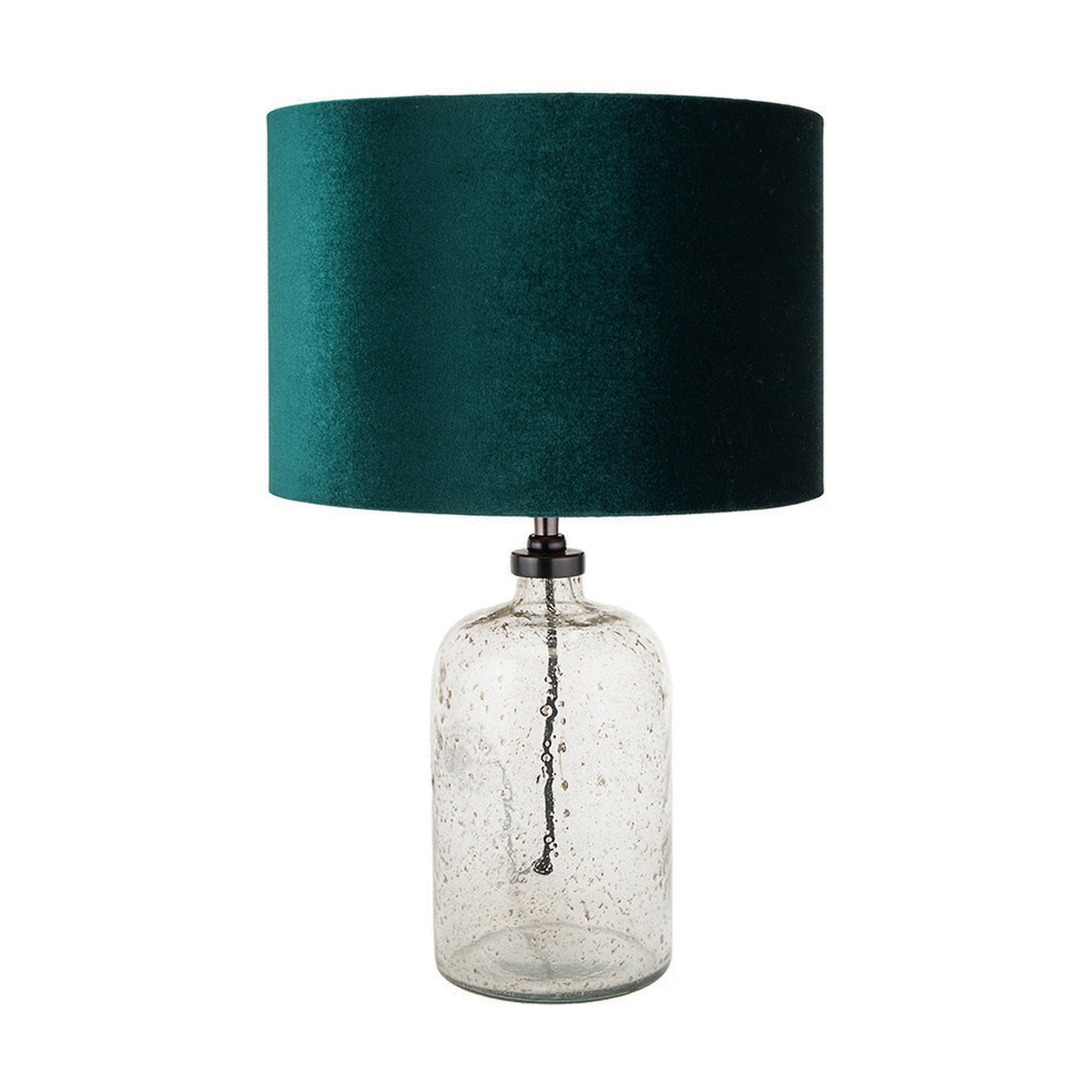 Ophelia Small Grey Bubble Glass Table Lamp Base, 32cm, with teal velvet drum shade on a bubbled glass bottle-shaped base, shown on a plain white background.