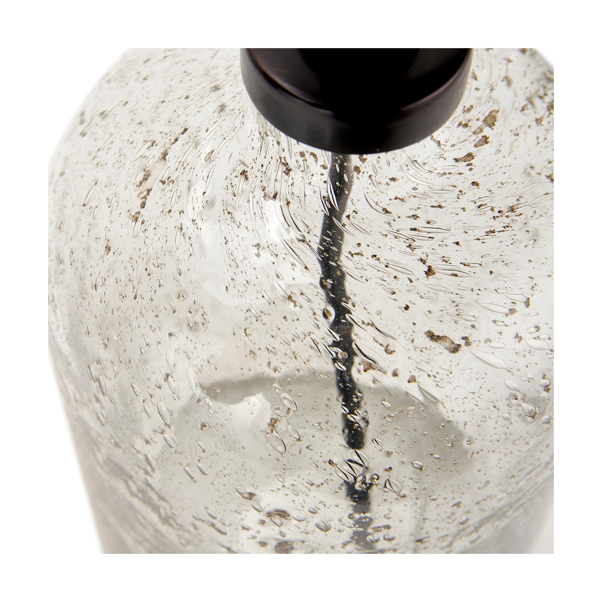 Close-up of the Ophelia Small Grey Bubble Glass Table Lamp Base, showing textured bubbled glass body and black fitting with cable detail.