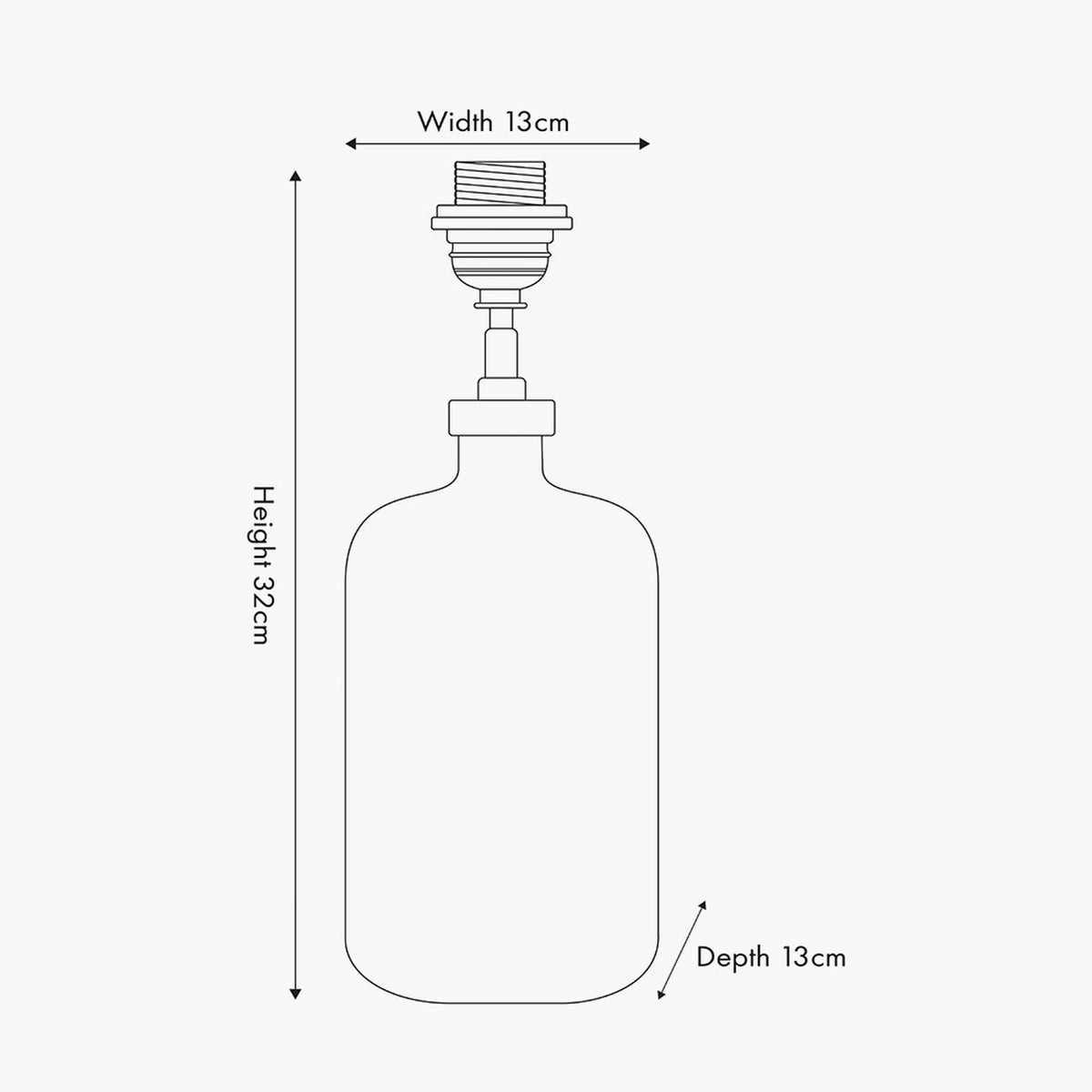 Line drawing of the Ophelia Small Grey Bubble Glass Table Lamp Base with dimensions labelled: 13cm width, 13cm depth, and 32cm height, on a plain background.