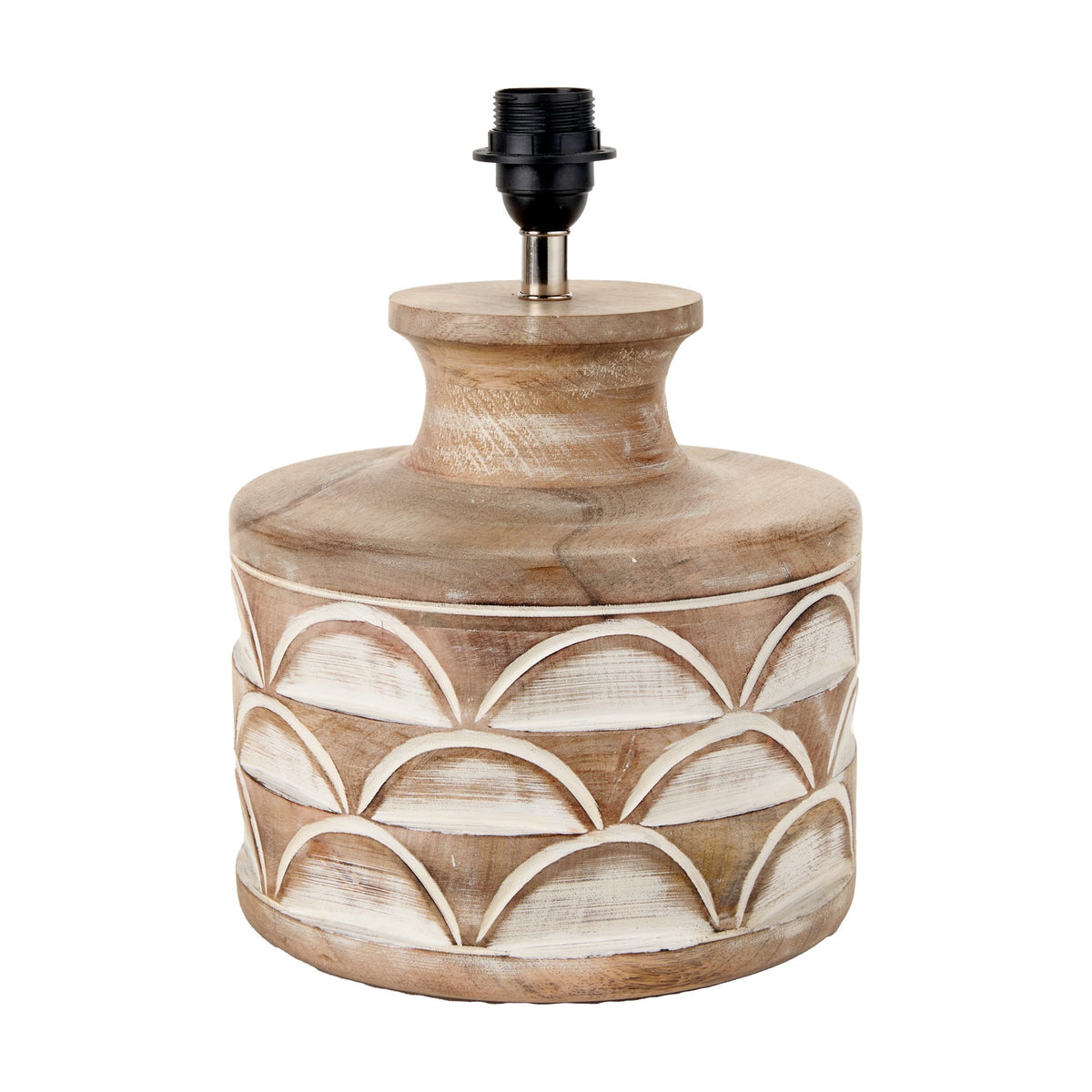Kingsbury White Wash Large Carved Wood Table Lamp Base, 33cm, cylindrical with carved scalloped pattern and black fitting, shown on a plain white background.