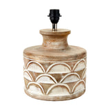 Kingsbury White Wash Large Carved Wood Table Lamp Base, 33cm, with scalloped carved pattern, wooden neck, and black bulb holder, shown on a plain white background.