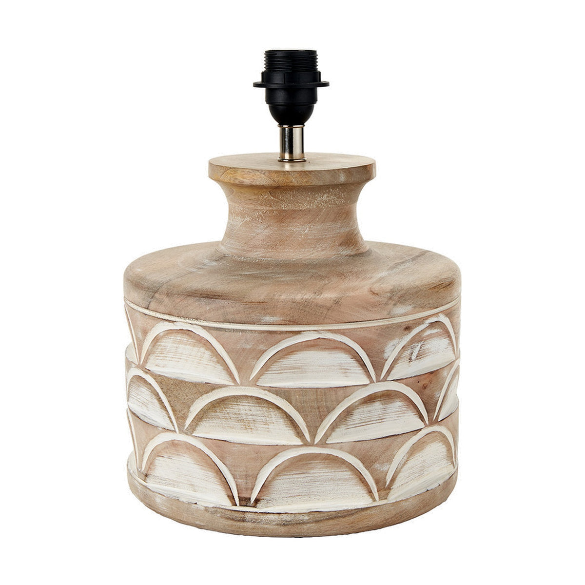 Kingsbury White Wash Large Carved Wood Table Lamp Base, 33cm, with scalloped carved band, turned neck, and black fitting, shown on a plain white background.