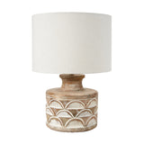 Kingsbury White Wash Large Carved Wood Table Lamp Base with a scalloped carved pattern and cylindrical white linen shade, shown on a plain white background.