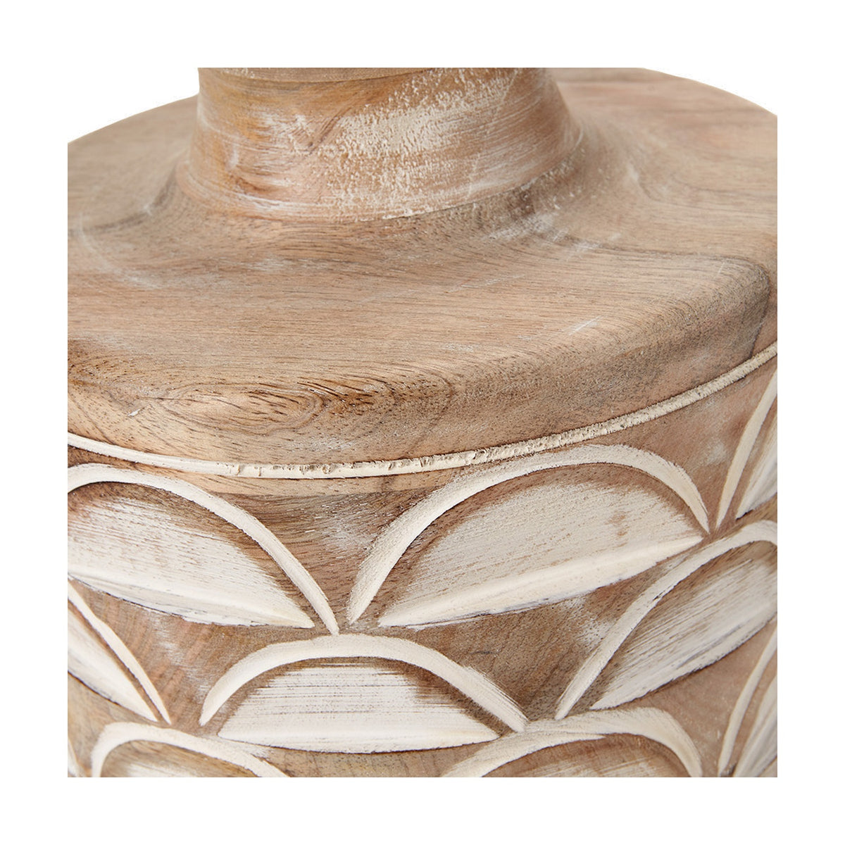 Close-up of the Kingsbury White Wash Large Carved Wood Table Lamp Base, 33cm, showing the tapered wooden neck and scalloped fan-carved pattern in whitewashed finish.