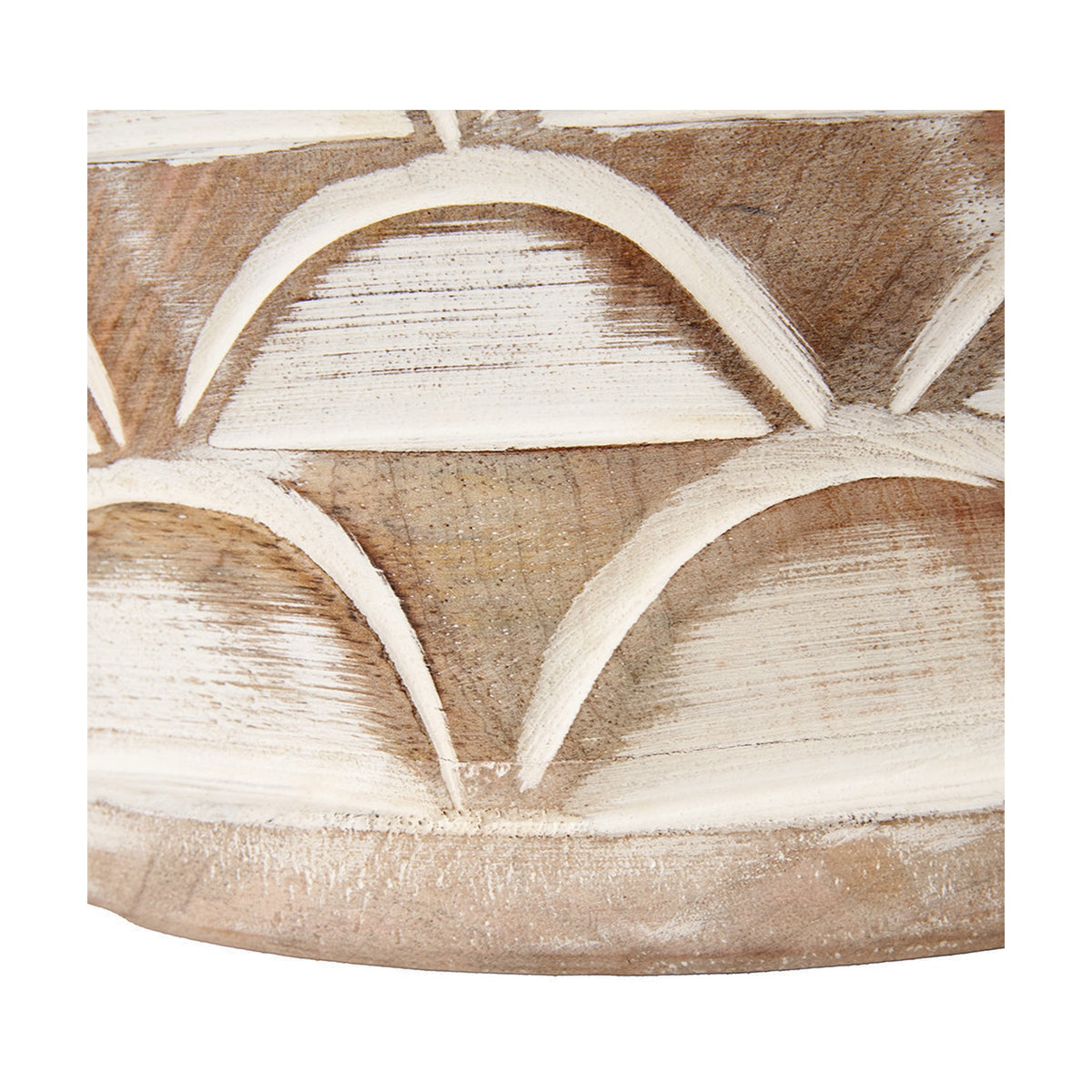 Close-up of the Kingsbury White Wash Large Carved Wood Table Lamp Base showing a scalloped carved pattern in white-washed wood with natural grain visible.