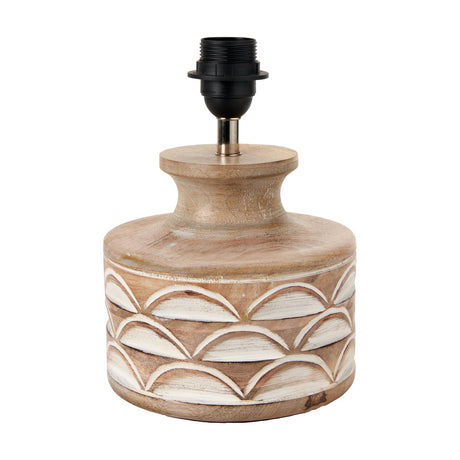 Kingsbury White Wash Carved Wood Table Lamp Base, 25cm, with a rounded scalloped-carved body, turned neck, and black E27 fitting, shown on a plain white background.