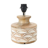 Kingsbury table lamp base, 25cm, white wash carved wood with scalloped pattern, black E27 fitting, on a plain white background.