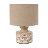 Kingsbury White Wash Carved Wood Table Lamp Base with linen drum shade, featuring a scalloped carved pattern and rounded neck, shown on a plain white background.