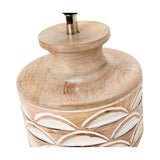 Kingsbury White Wash Carved Wood Table Lamp Base, 25cm, close-up of turned wooden neck and carved scalloped body with brushed nickel fitting, shown on a plain white background.
