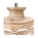 Kingsbury White Wash Carved Wood Table Lamp Base, close-up of turned wood neck and scalloped carved body with white-washed finish, on a plain white background.